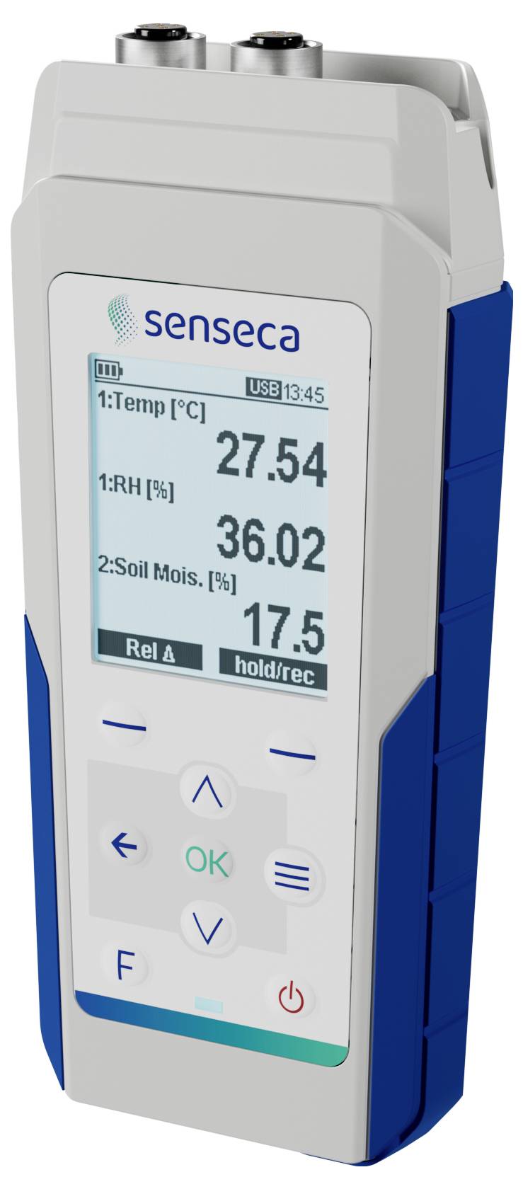 Handheld Senseca-meter die op het scherm een temperatuur van 27,54°C, relatieve luchtvochtigheid van 36,02% en bodemvochtigheid van 17,5% weergeeft.