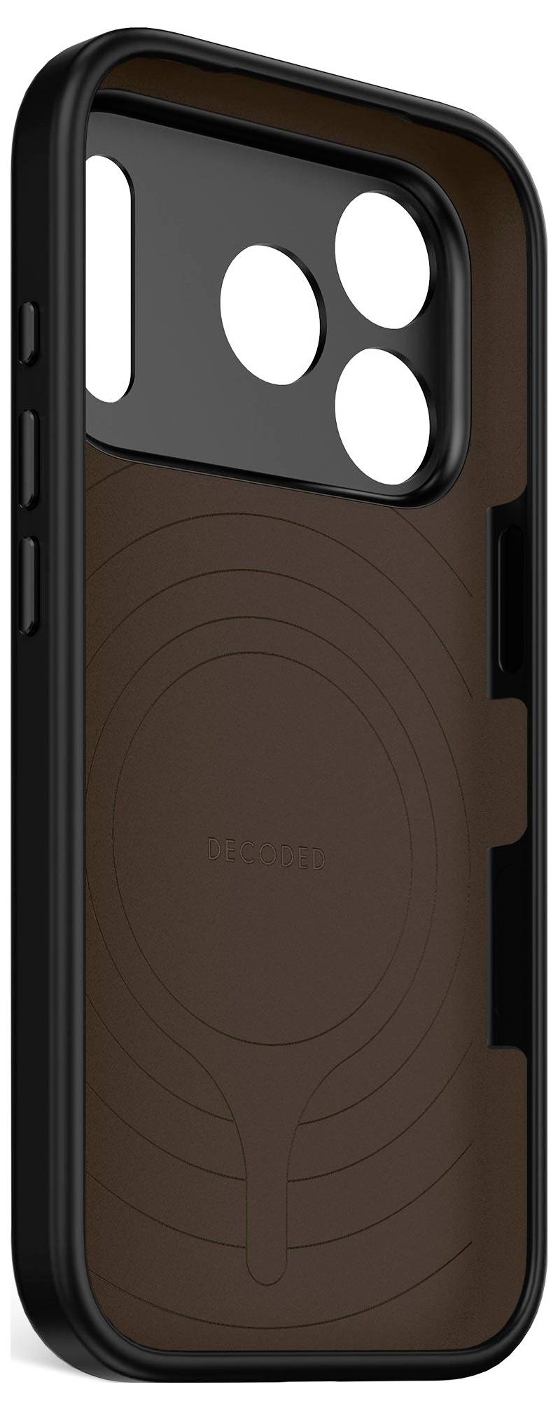 Zwart en bruin telefoonhoesje met verheven camerauitsnijding en cirkelpatroon in MagSafe-stijl op de achterkant