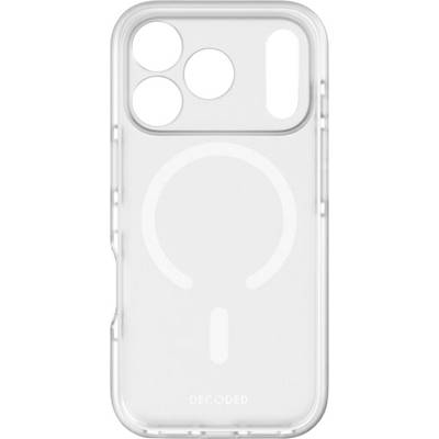 Transparante telefoonhoes met MagSafe-ring en verhoogde cameraranden op een witte achtergrond, met het merk 'DECODED' onderaan.