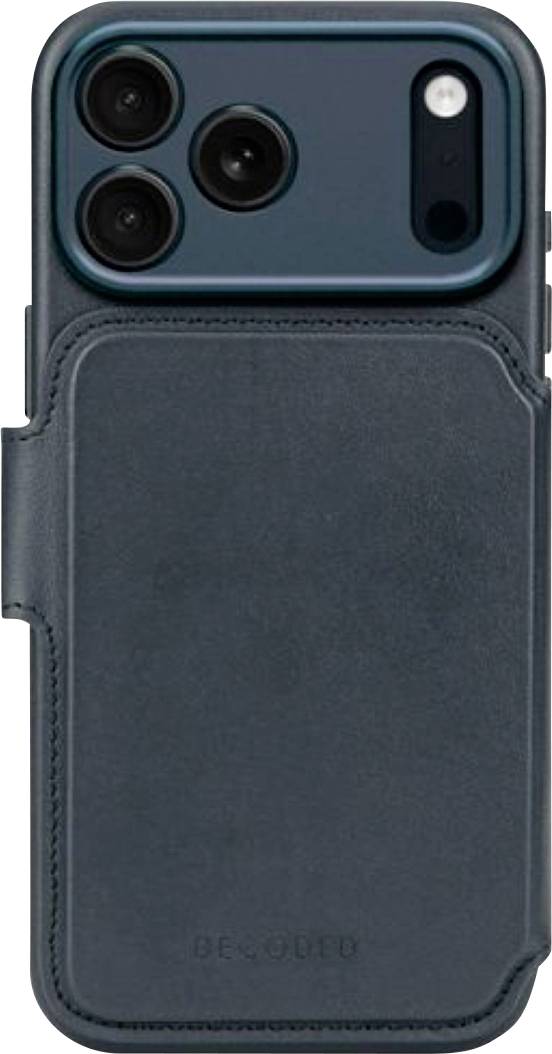 Donkerteale smartphoneportemonnee-hoesje met grote achterzak en uitsnijdingen voor drievoudige camera's en flits.