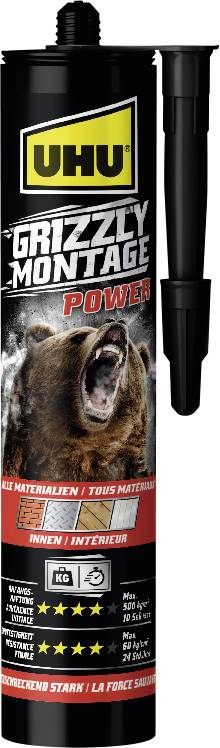 UHU Grizzly Montage Power kleefpatroon met een afbeelding van een beer en zwarte applicateurspuit voor sterke binnen- en buitenbevestiging.