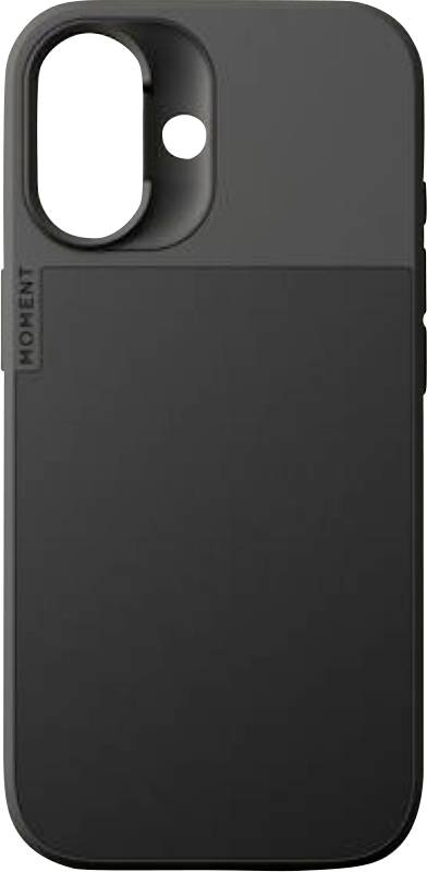 Zwarte smartphonehoesje met een grote verticale cameraaansnijding en een kleine ronde flitsopening.
