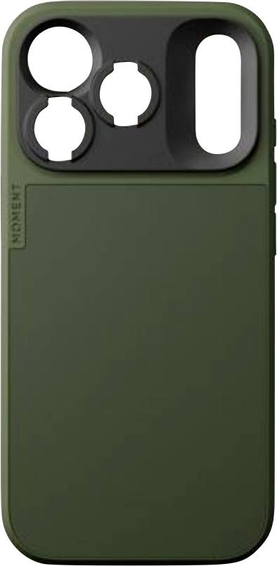 Groene telefoonhoes met zwart camera-uitsparing, met twee ronde lensopeningen en één ovale opening.