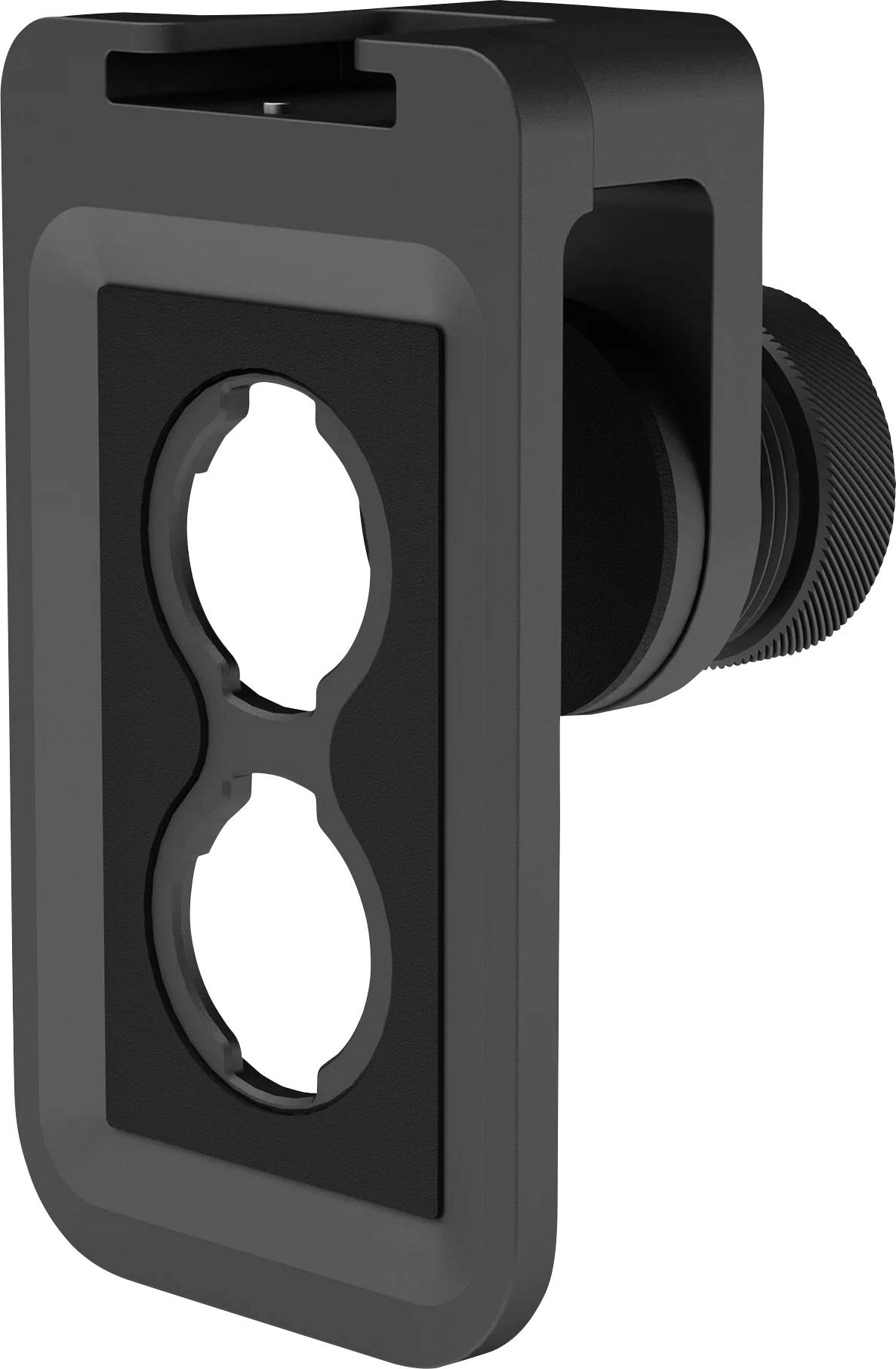 Zwart rechthoekig camera-accessoire montagestuk met twee ronde openingen en een zijklem, afgebeeld op een witte achtergrond.