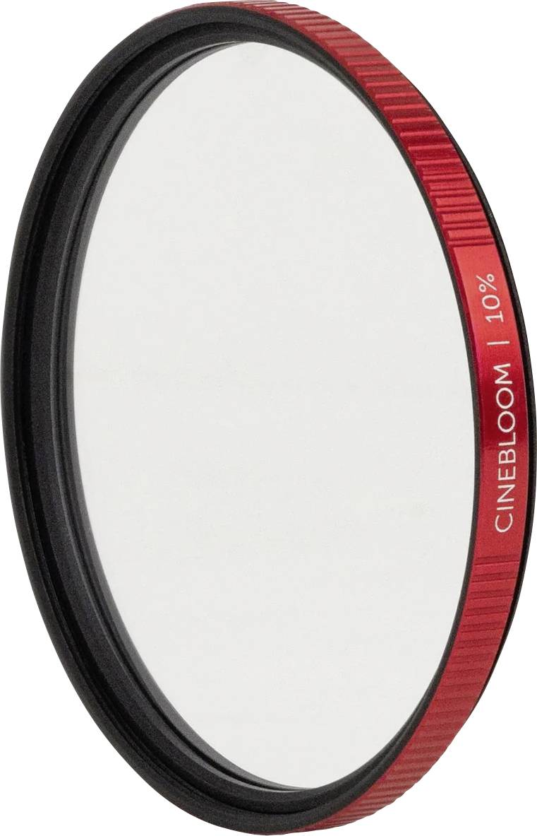 Rode cameralensfilter met het label 'CINEBLOOM 10%' tegen een witte achtergrond weergegeven.
