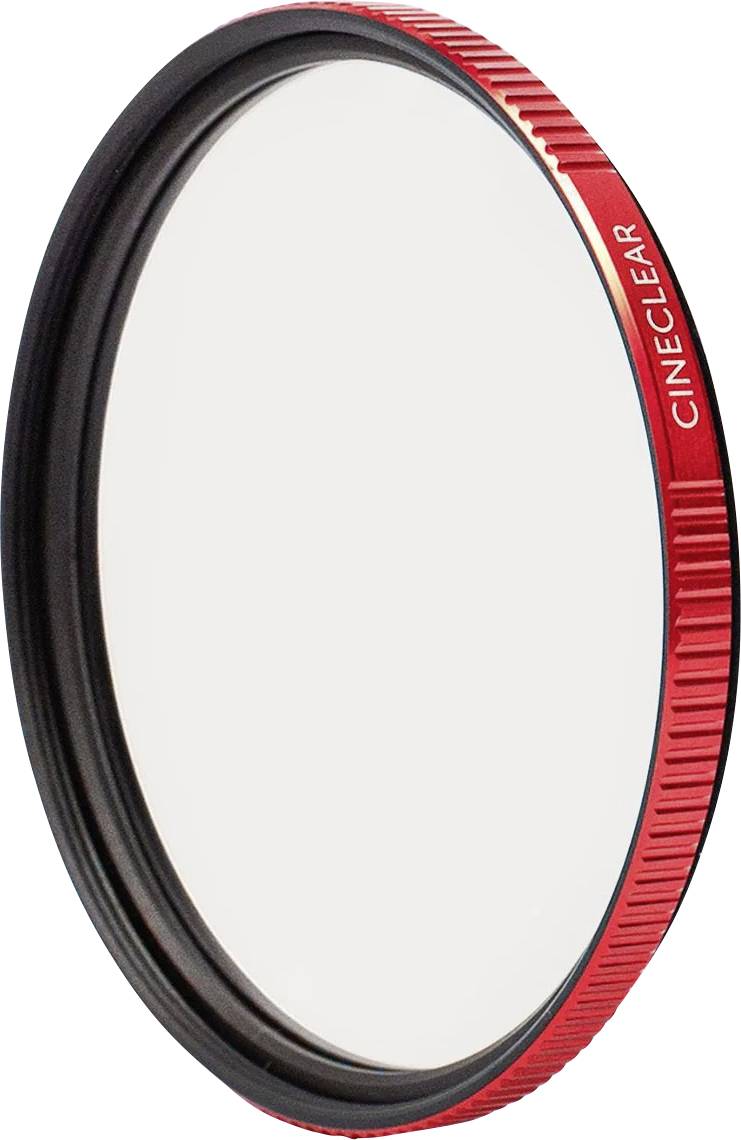 Rood CineClear circulair cameralensfilter met zwart frame, getoond op een witte achtergrond