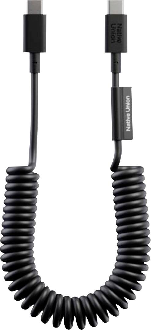 Zwarte opgerolde USB-kabel met USB-C-aansluitingen, gelabeld 'Native Union'.