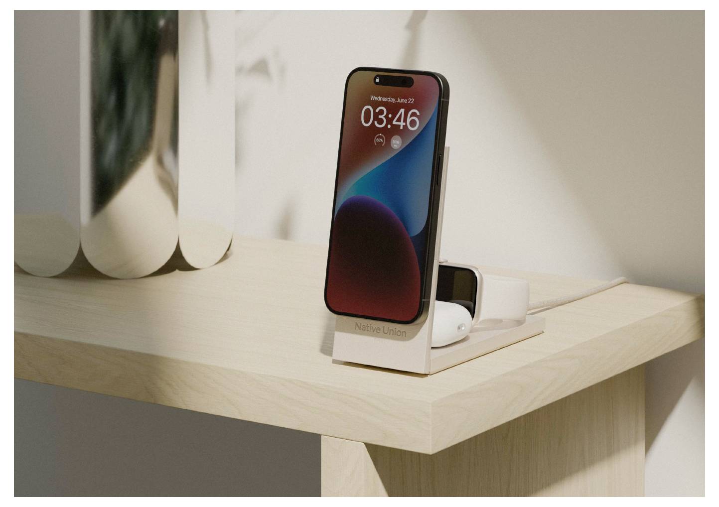 Native Union Inductie lader Rise 3-in-1 Qi2 Kabelloses Aufladen RS-3IN1-SAN Lichtgrijs-2