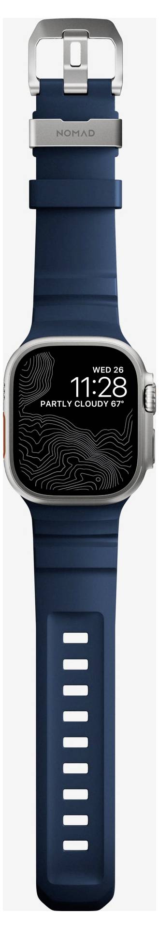Blauwe smartwatch met zilveren kast en donker bandje, toont het tijdstip 11:28 en het weer; digitale wijzerplaat toont wo 24 en gedeeltelijk bewolkt.