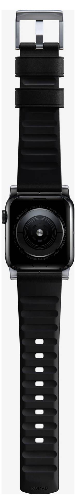 Zwart smartwatch met een vierkant scherm en zwart bandje, frontaal weergegeven tegen een witte achtergrond.