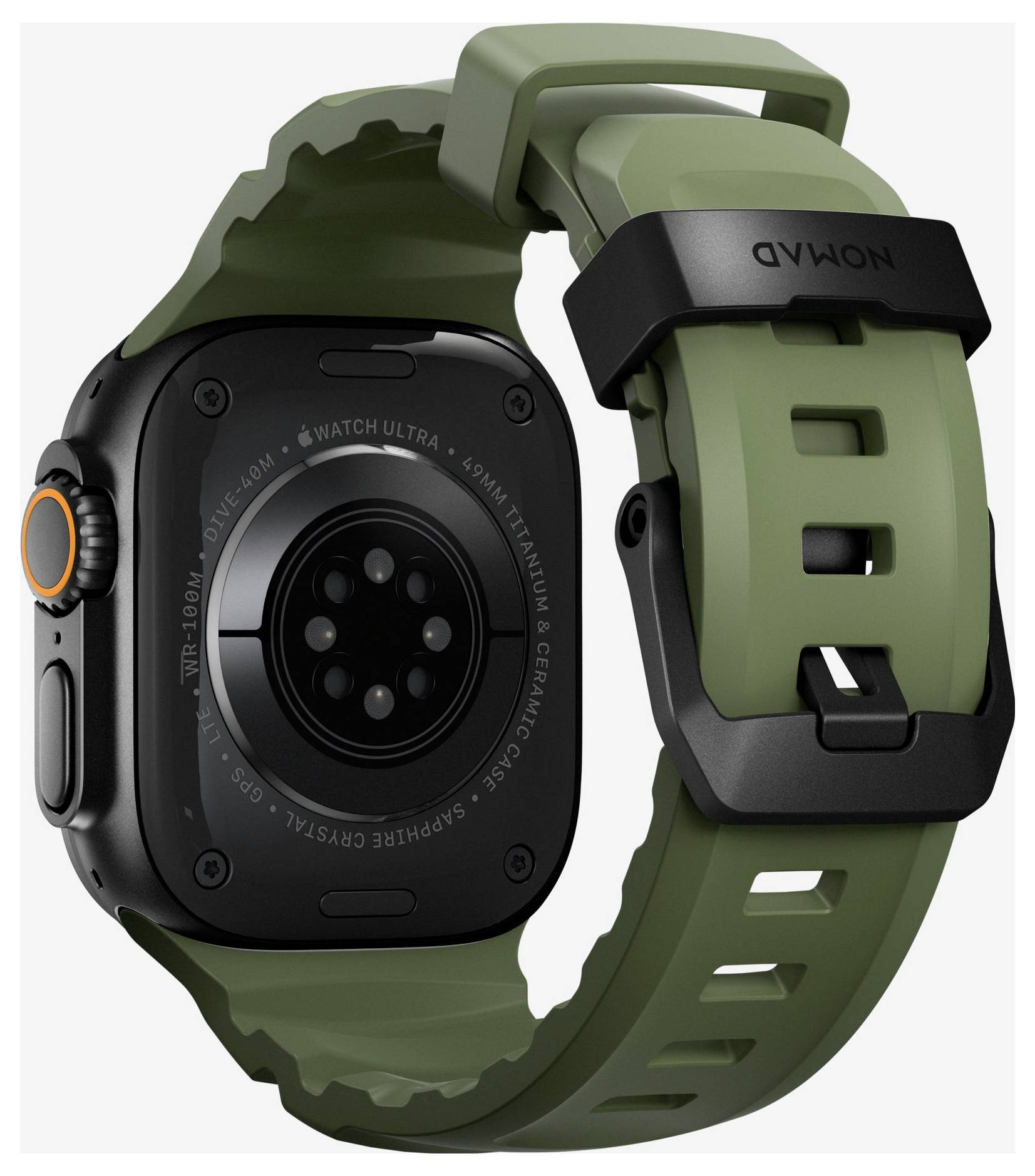 Apple Watch Ultra met olijfgroene robuuste band, waarin de achterkant en zijkant van het horloge zichtbaar zijn met de oranje Digital Crown.