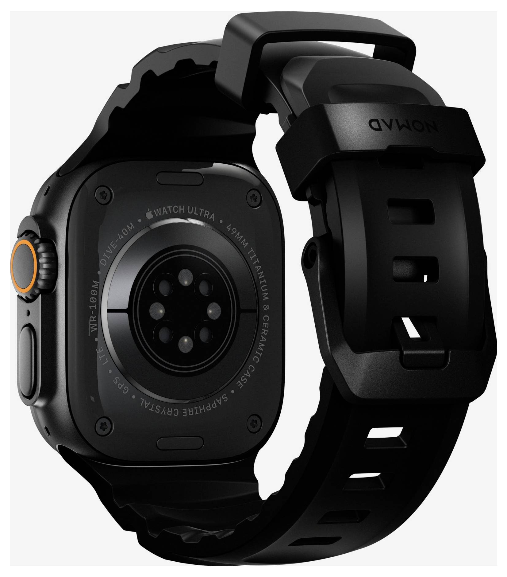 Zwart Apple Watch Ultra vanaf de achterkant, met een robuuste behuizing, zichtbare sensoren en een kroon met oranje accenten.