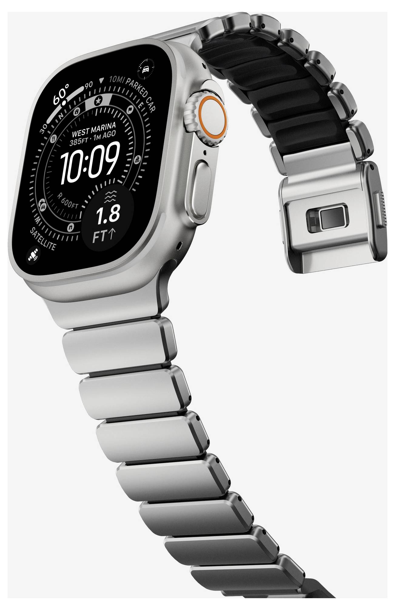 Zilveren smartwatch met zwart display en metalen schakkelband, weergegeven onder een hoek om de digitale kroon en het slanke design te benadrukken.
