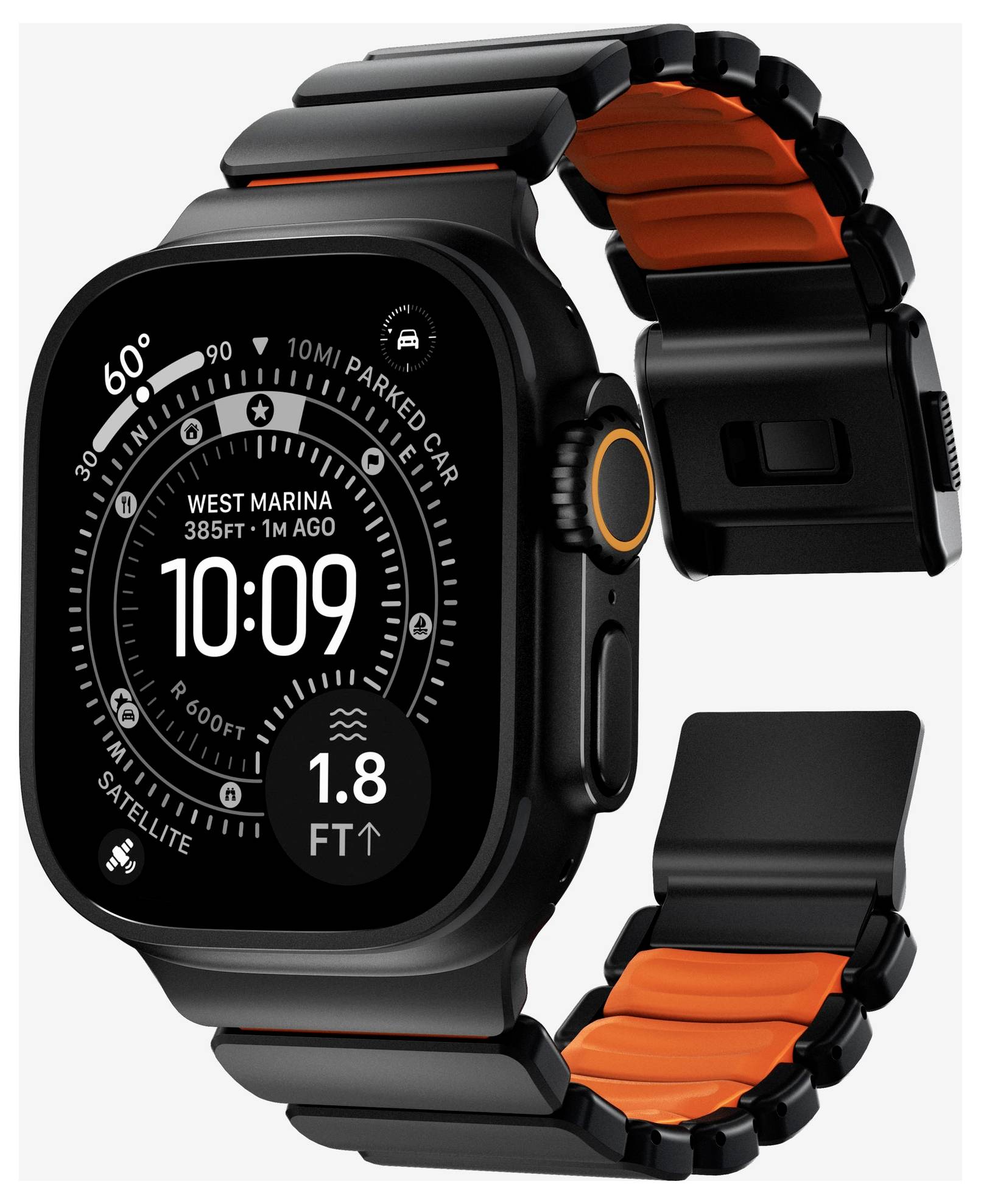 Zwart smartwatch met oranje geaccentueerd bandje, toont een navigatiestijl-schermindeling met tijd 10:09, locatie West Marina en hoogte 1,8 ft.
