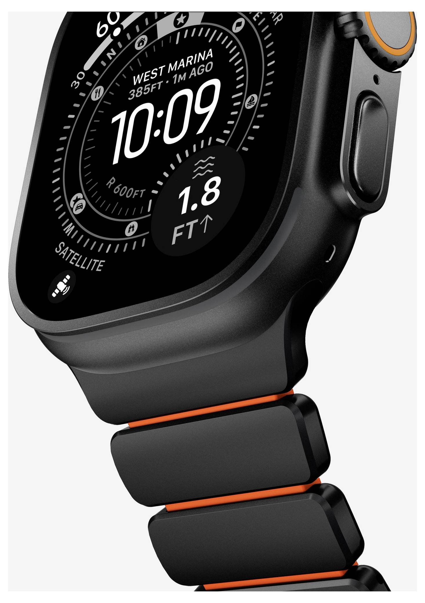 Zwart Apple Watch Ultra met oranje accenten die 10:09 weergeeft, locatie 'West Marina,' diepte 1,8 FT, en kompas-/satelliietindicatoren.