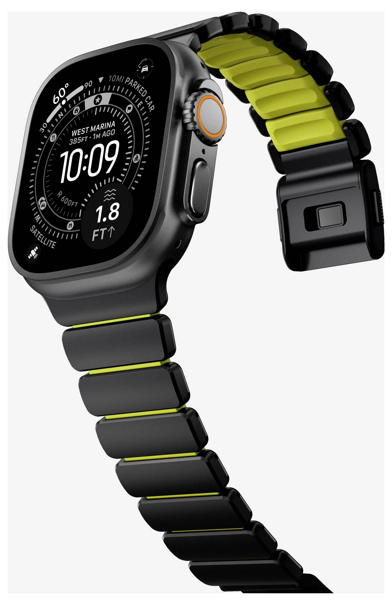 Zwart smartwatch met een zwart-en-geel bandje, met een digitaal scherm in nautica-stijl met het tijd 10:09 en diepte 1,8 ft.