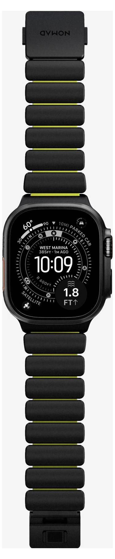 Zwart vierkant smartwatch met een geribd zwart-en-geel bandje, met een digitaal wijzerplaat die 10:09 en 1,8 ft weergeeft.