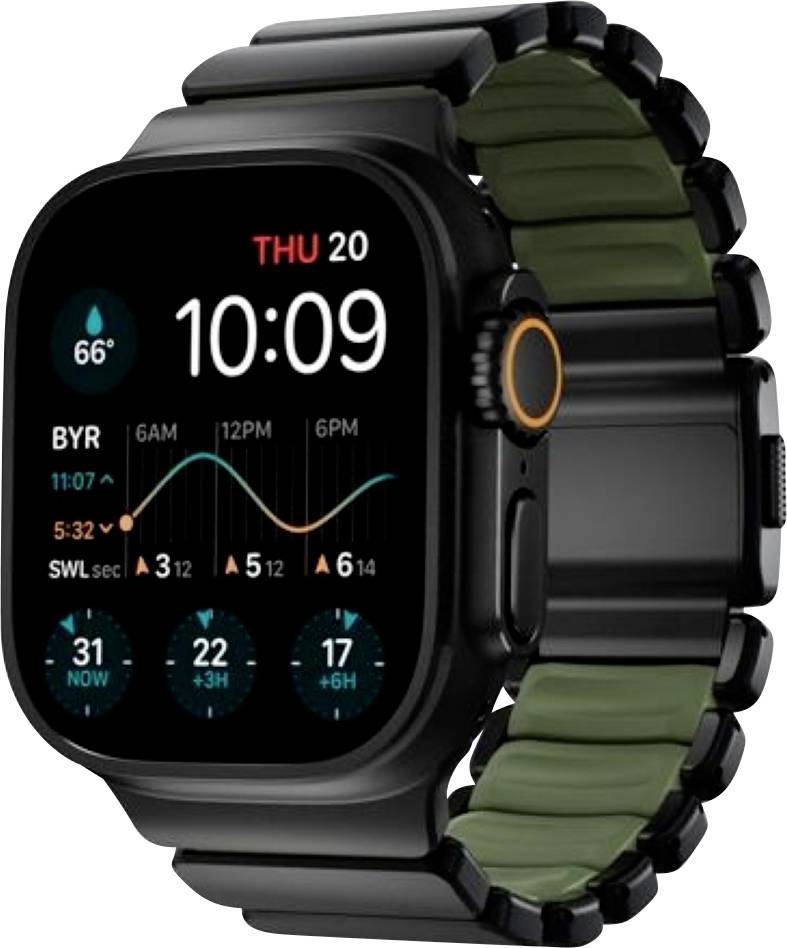 Zwart smartwatch met groen bandje dat 10:09 weergeeft, Thu 20, weer 66°, en een gezondheids-/activiteitsgrafiek op de wijzerplaat