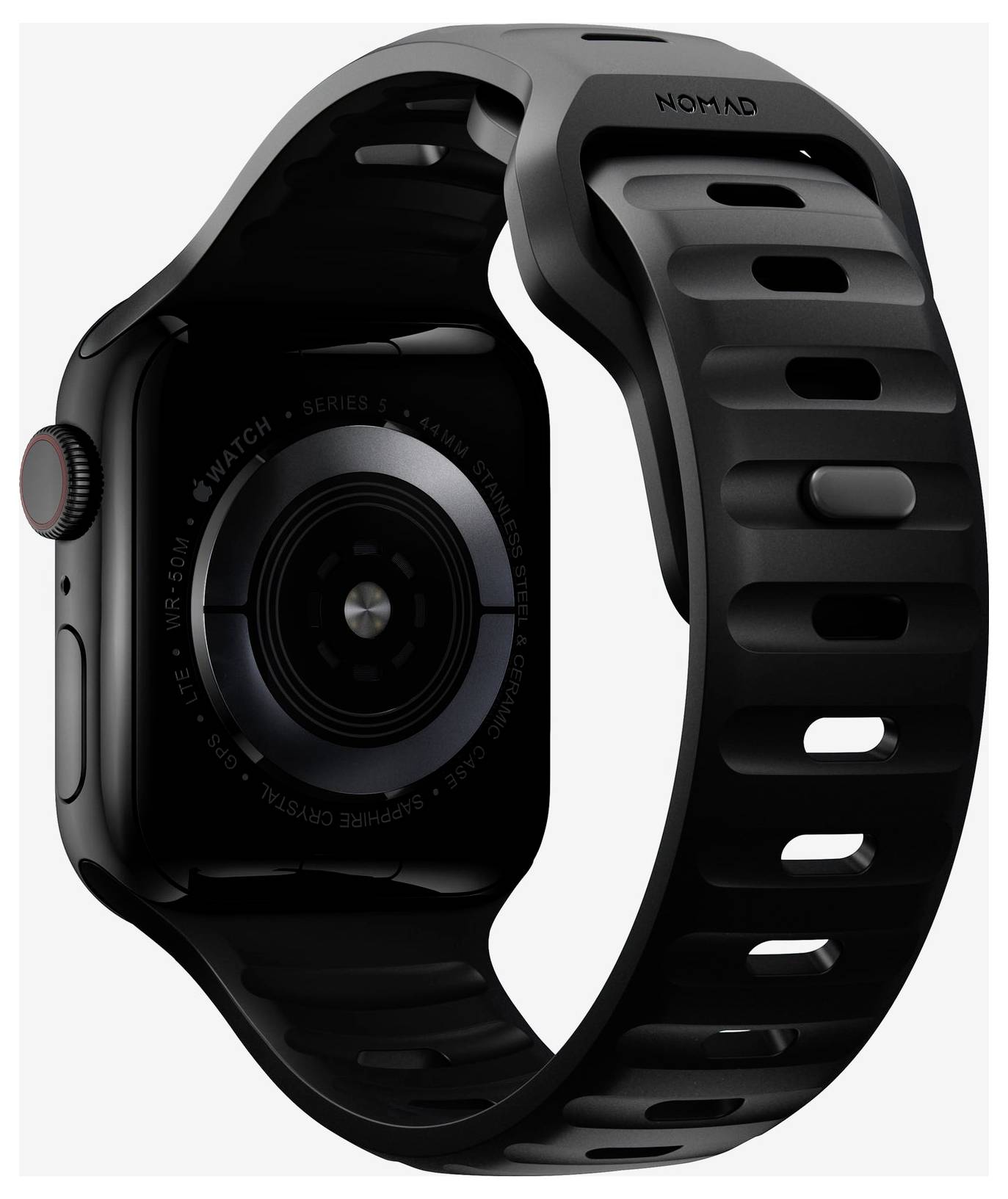 Zwart Apple Watch met een robuuste zwarte NOMAD-band, van achteren getoond om het ontwerp van de kast en de band te benadrukken.