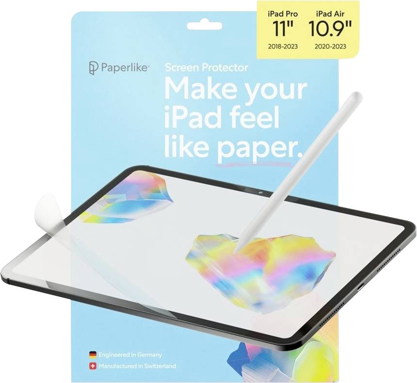 Paperlike schermprotector verpakking voor iPad Pro 11-inch en iPad Air 10.9-inch, met een stylus op een tablet en de tekst 'Geef je iPad het gevoel van papier.'