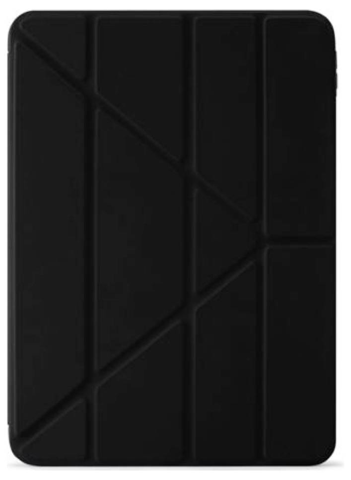 Zwart tabletkasje met een geometrisch vouwpatroon, gesloten weergegeven op een witte achtergrond.