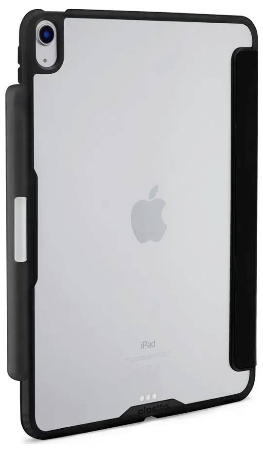 Robuust zwart iPad-hoesje met transparante achterkant, cameragat, zijgreep en zichtbaar Apple-logo