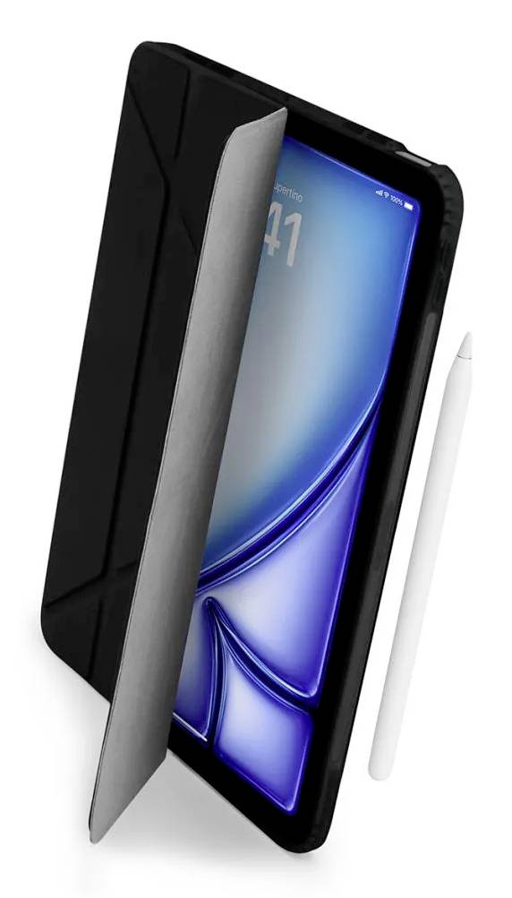 Tablet in een zwarte foliohoes met open voorkant, waarop het scherm zichtbaar is, en een witte stylus ernaast.