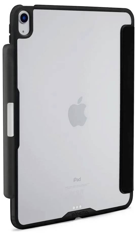 Achteraanzicht van een zilveren iPad in een zwarte beschermhoes met hoekuitsnijding voor de camera en zijgreephandles.
