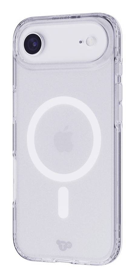 Doorzichtig telefoonhoesje met een MagSafe-ring en camera-uitsnijding, weergegeven op een witte achtergrond.