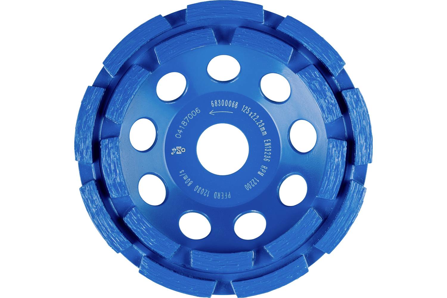 Blauwe cirkelschaaf of diamantblad met meerdere uitgesneden gaten, frontaal weergegeven tegen een witte achtergrond.