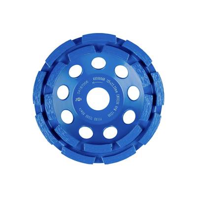 Blauwe cirkelschaaf of diamantblad met meerdere uitgesneden gaten, frontaal weergegeven tegen een witte achtergrond.