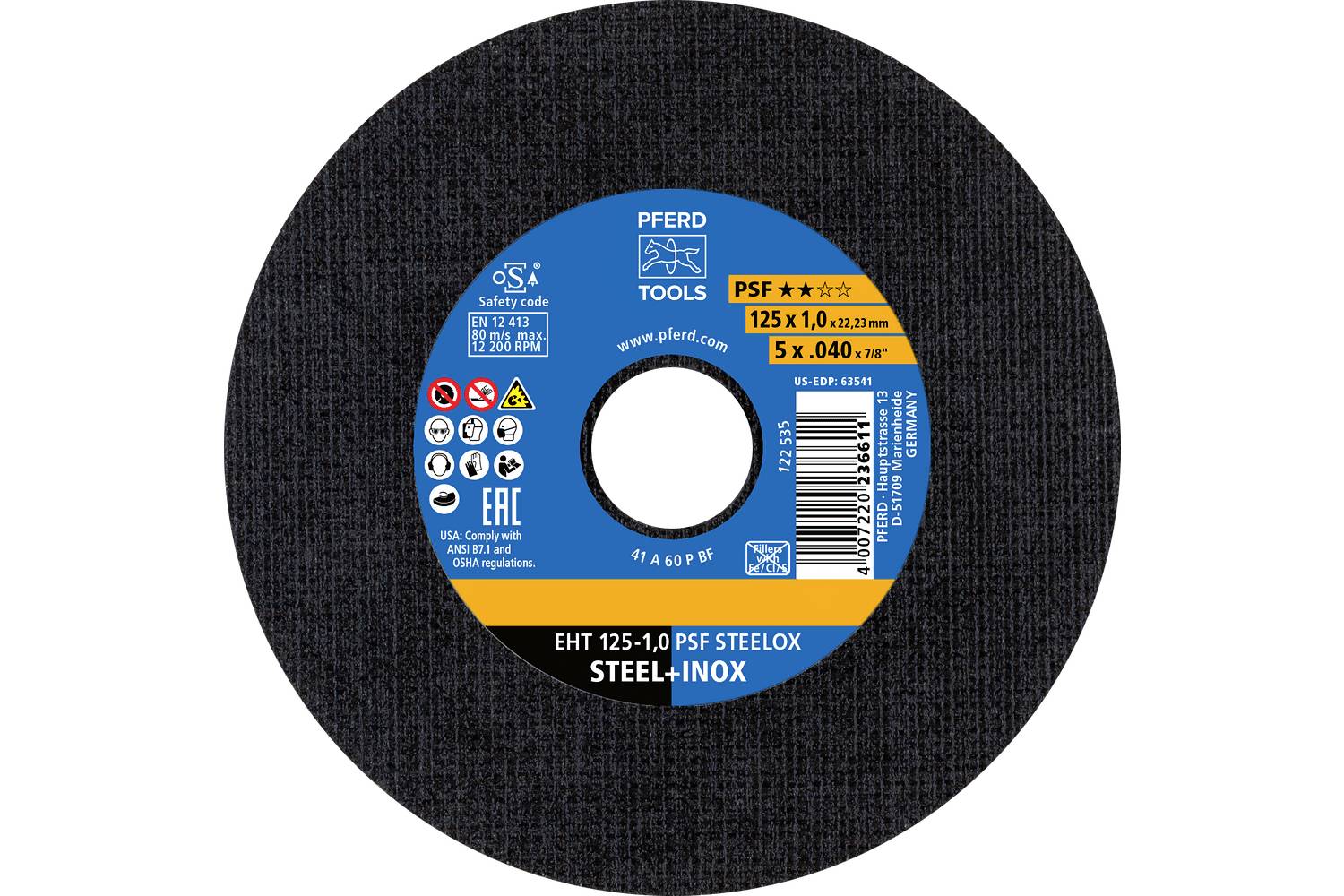 PFERD TOOLS EHT 125-1,0 PSF STEELOX (TIN 10) 69121091 Doorslijpschijf 125 mm 10 stuk(s)-0