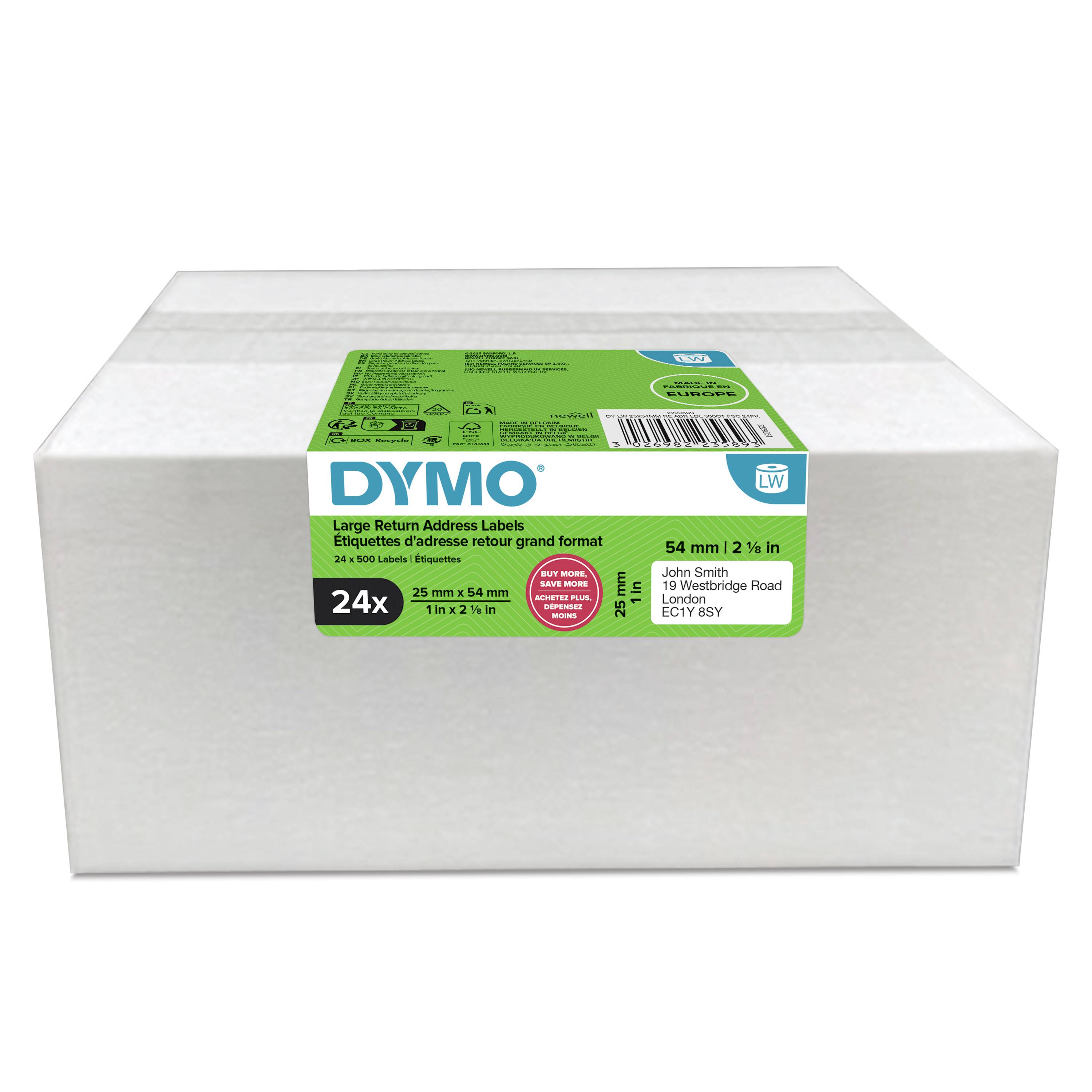 Een doos DYMO grote retouradeslabels, met 24 labels in de maat 54 mm x 2 1/8 inch.