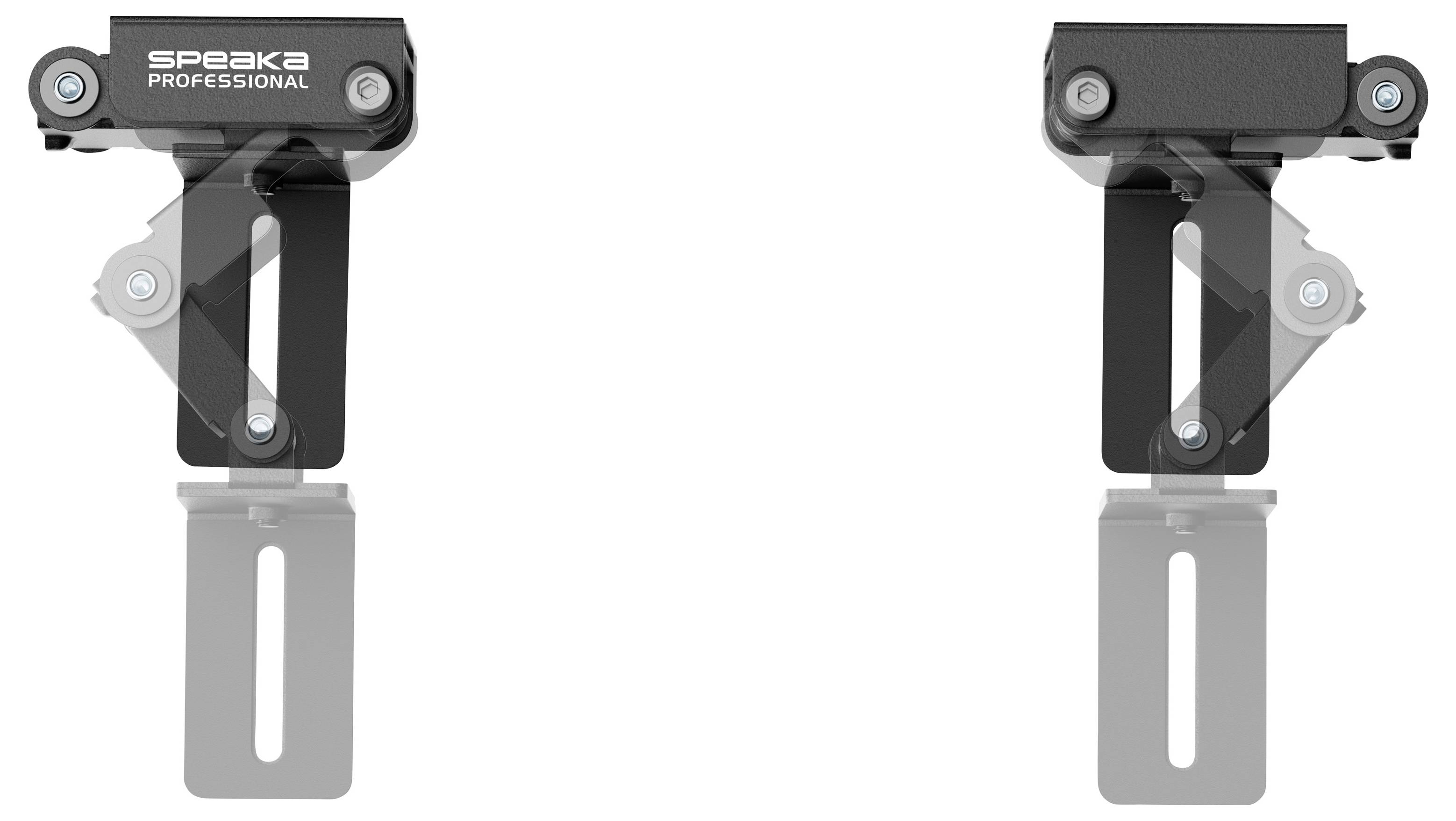 Twee zwarte SPEAKA PROFESSIONAL verstelbare wandmontagebeugels naast elkaar, elk met een metalen hangslot en draaibare arm.