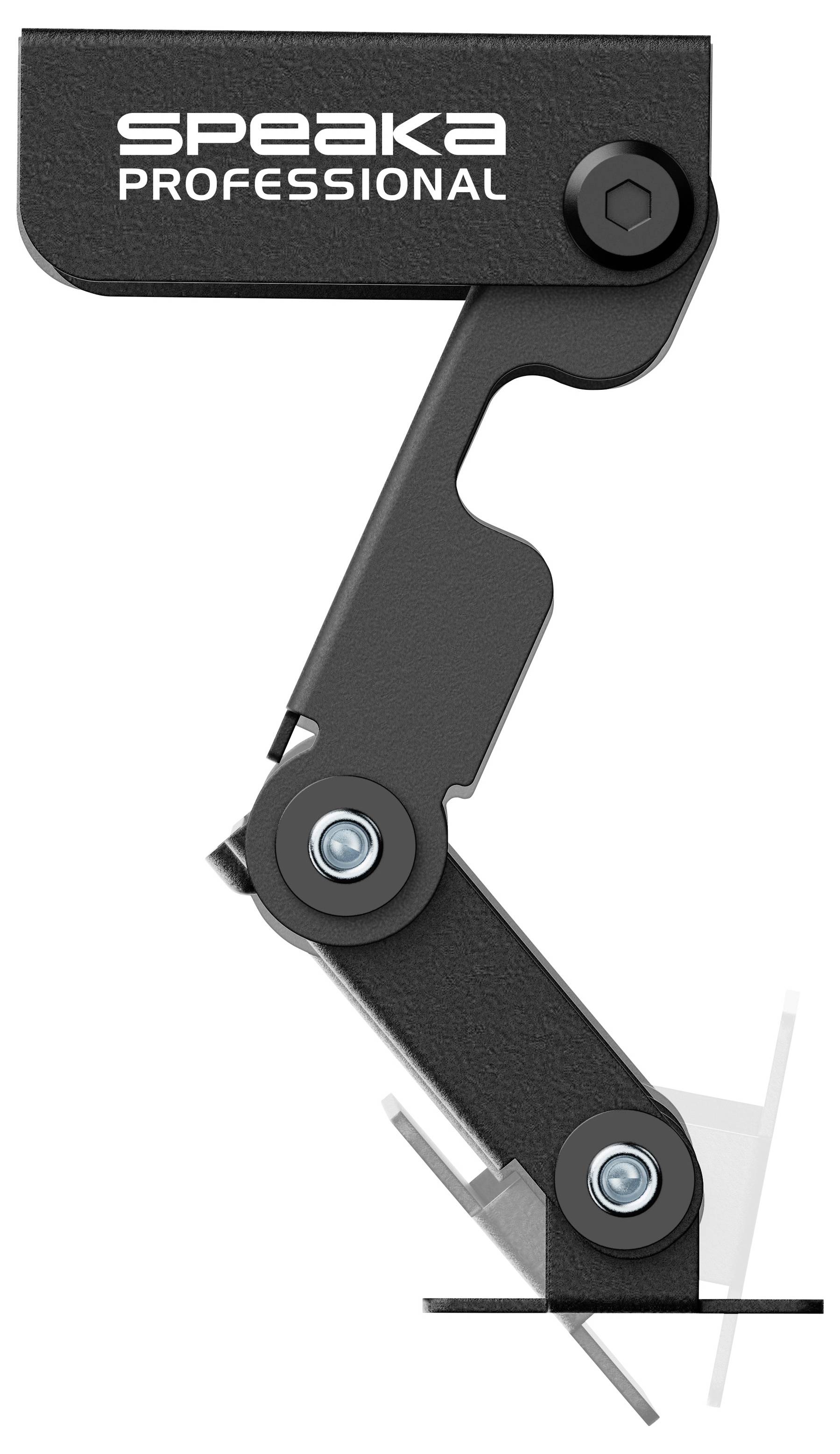 Black SpeaKa Professional opvouwbare ondersteuningsbeugel met scharnierwrichten, getoond in gevouwen staat op een witte achtergrond.