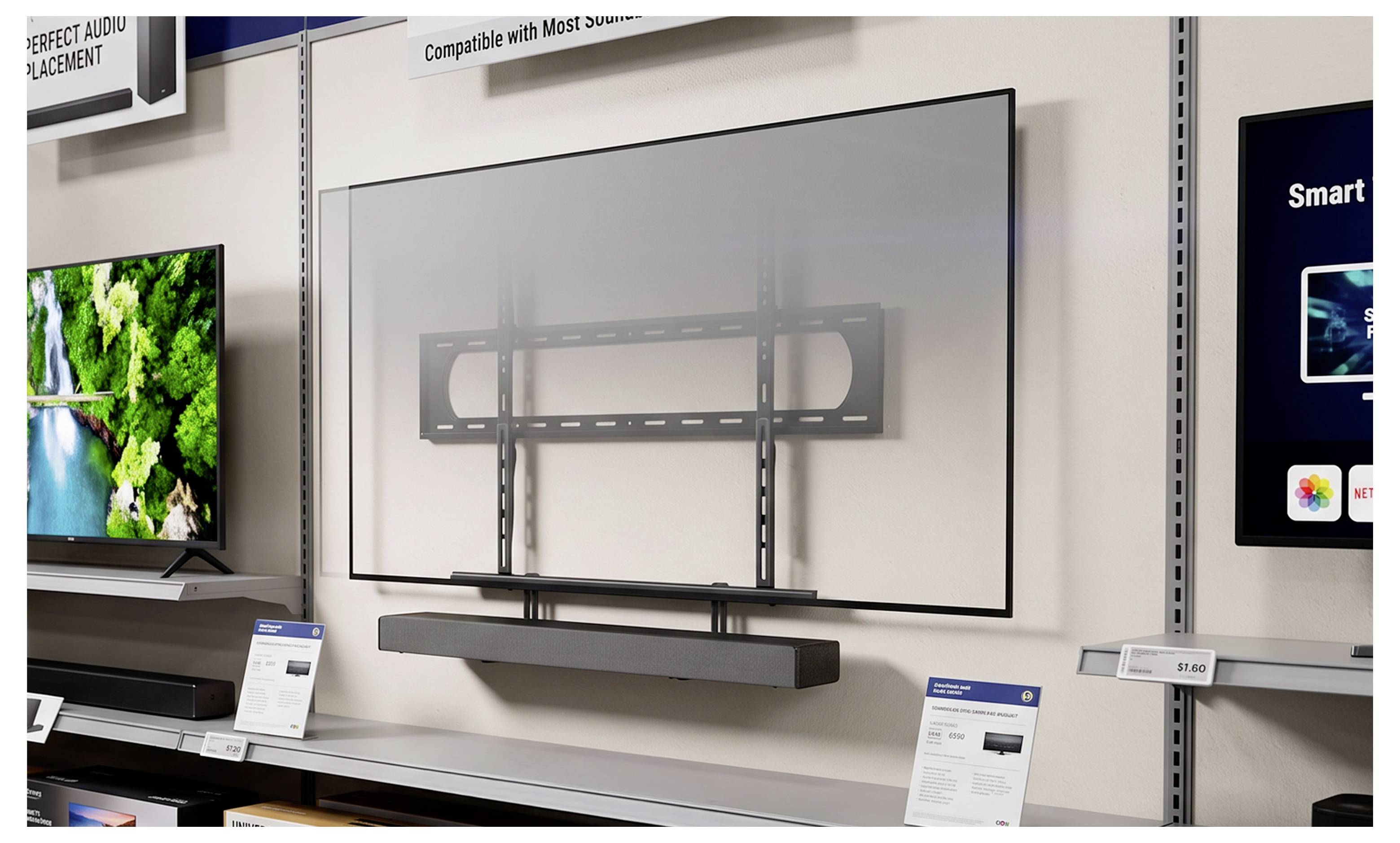 Winkelscherm met een aan de muur gemonteerde flatscreen-tv met een soundbar eronder, waarin tv-montageaccessoires in een afdeling voor elektronika in de detailhandel worden getoond.