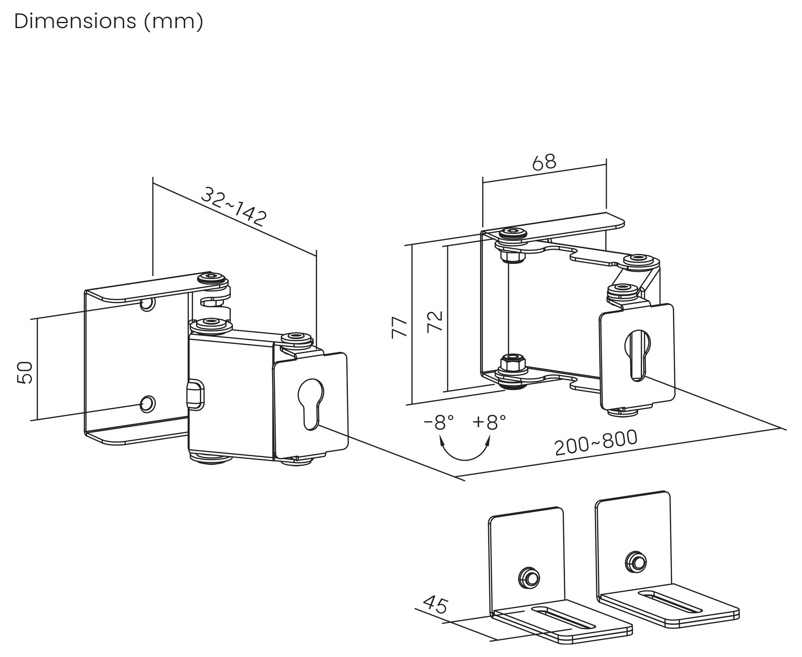Technisch diagram van een montagebracket met afmetingen in mm voor verstelbare configuraties, inclusief breedte, hoogte, hoekbereik en 200 tot 800 tussenruimte.