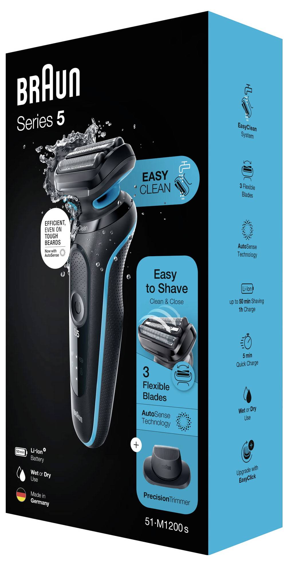 Braun Series 5 elektrisch scheerapparaat doos, met 'Easy Clean', 'Easy to Shave', en 3 flexibele messen; zwart en blauw verpakking met belangrijkste functies vermeld aan de zijkant.