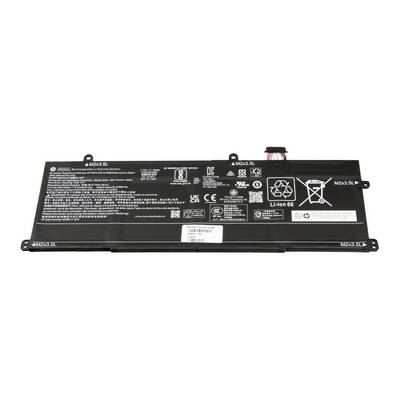 Zwarte laptopaccu met connector en afgedrukte veiligheidsetiketten op een witte achtergrond.