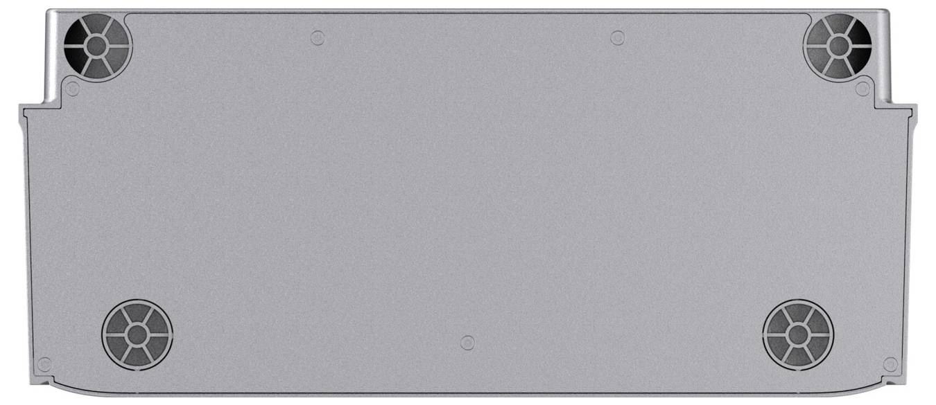 Onderaanzicht van een grijs rechthoekig elektronisch apparaat met vier schroef- of voetbevestigingen in de hoeken en een centrale cirkelvormige indrukking.