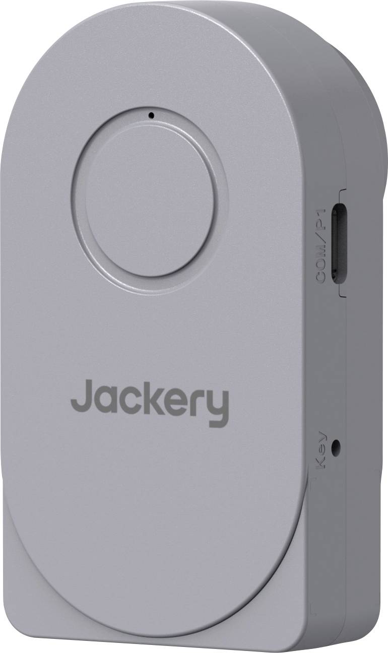 Grijze Jackery draagbare oplader met ronde knop en zijpoort, weergegeven in een productfoto in close-up.