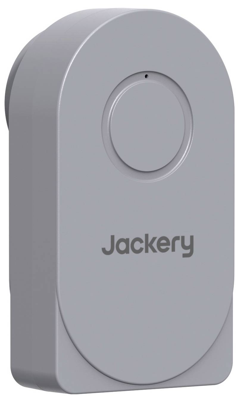 Grijze Jackery draagbare powerbank met een ronde knop aan de voorkant, weergegeven tegen een witte achtergrond.