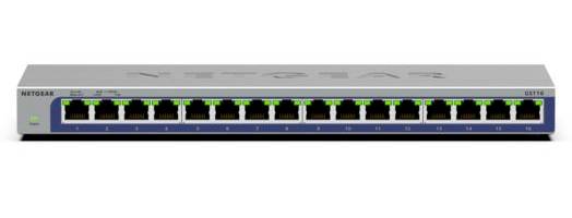 Voorzijde van een NETGEAR 16-poorts Ethernet-switch met meerdere LAN-poorten en statuslampjes op een zilverkleurige rack-mount-eenheid.
