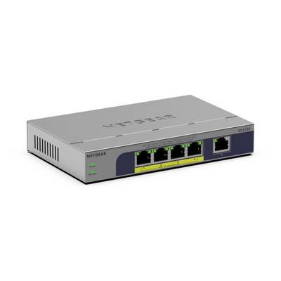 Netgear 5-poorts Ethernet switch in een zilveren metalen behuizing met vijf netwerkpoorten aan de voorkant en statuslampjes.
