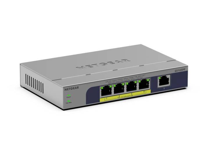 Netgear 5-poorts Ethernet-switch met LED's en één uplink-poort, weergegeven in een productachtig weergave op een witte achtergrond.