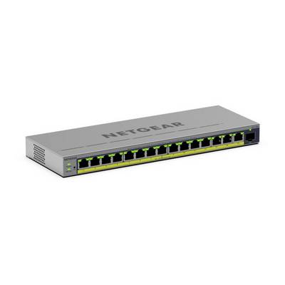 NETGEAR rackmount Ethernetschakelaar met 16 frontpoorten en statuslampjes op een grijs metalen chassis.