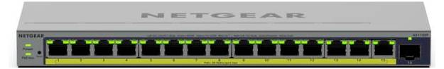 Vooraanzicht van een NETGEAR-netwerkswitch met 16 Ethernet-poorten, groene statuslampjes en een gele labelstrip over het frontpaneel.