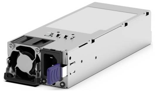 Een hot-swap servervoedingeenheid met een koelventilator, weergegeven in een zilveren metalen behuizing met frontaansluitingen en vergrendelingsgrepen.