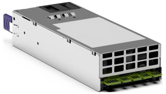 3D-rendering van een metalen elektronische connectormodule met een raster van poorten en groene printplaatcontacten, weergegeven in perspectief op een witte achtergrond