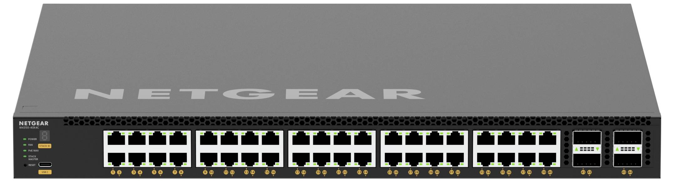 Vooraanzicht van een NETGEAR netwerkswitch met meerdere Ethernet-poorten en statuslampjes, gebruikt voor het verbinden van bedrade apparaten in een netwerk.